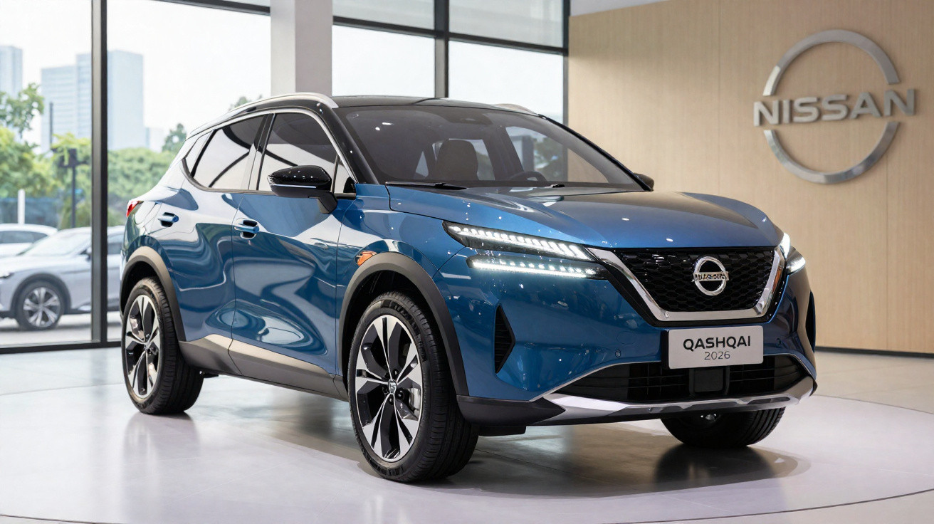 Automóvel Nissan Qashqai 2026 azul exposto em stand moderno com logo da Nissan na parede.