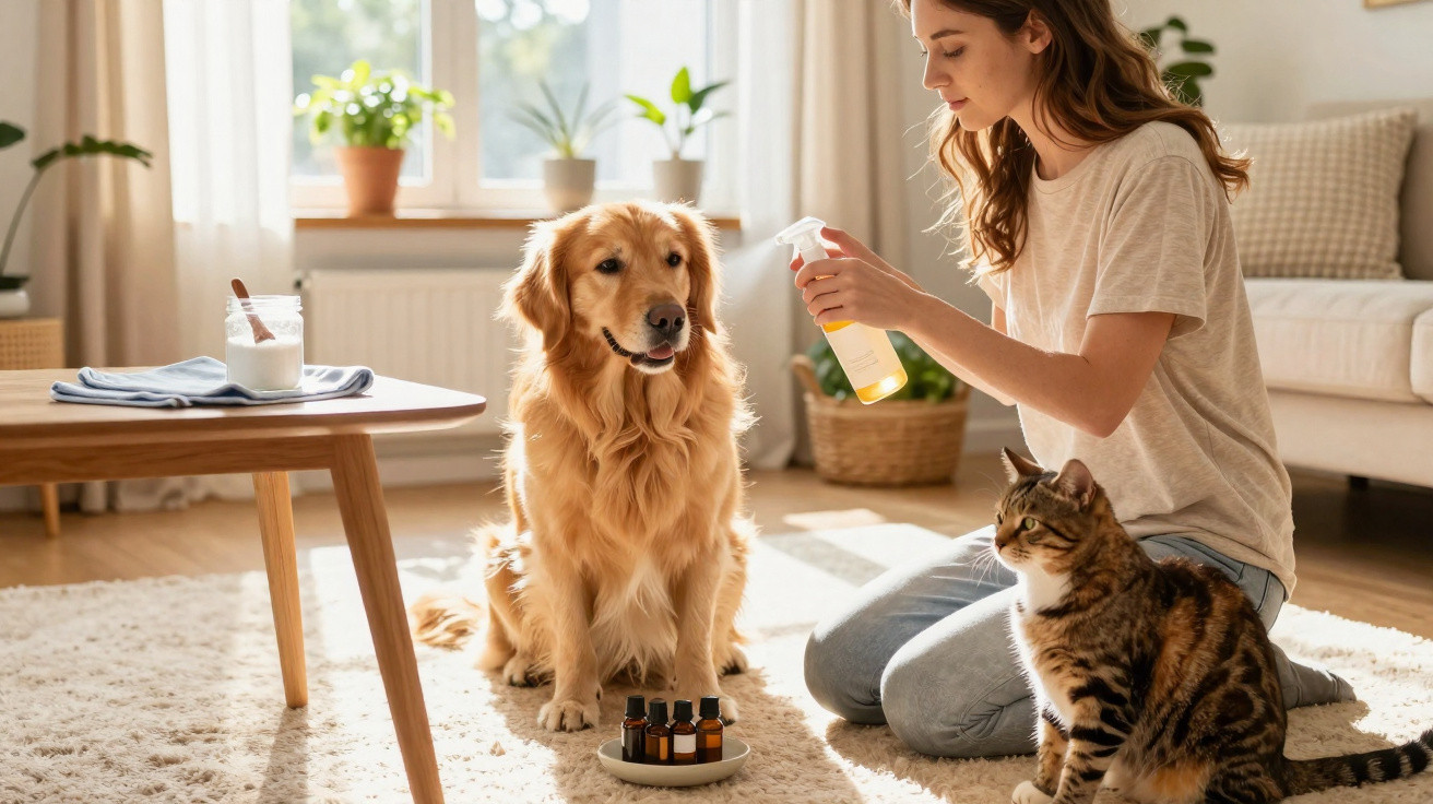 Mulher aplica óleo essencial em cão Golden Retriever sentado perto de gato, num ambiente acolhedor em casa.