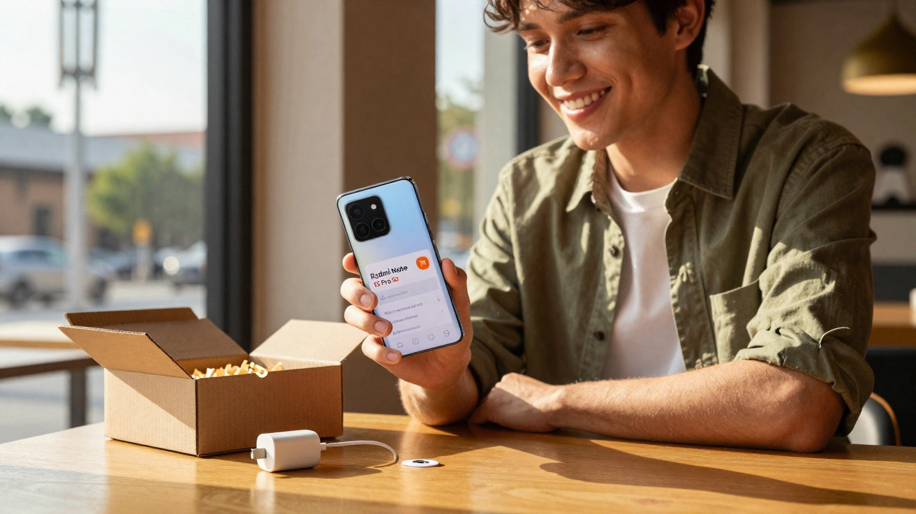 Jovem a sorrir ao mostrar um telemóvel novo com caixa e carregador numa mesa de madeira.