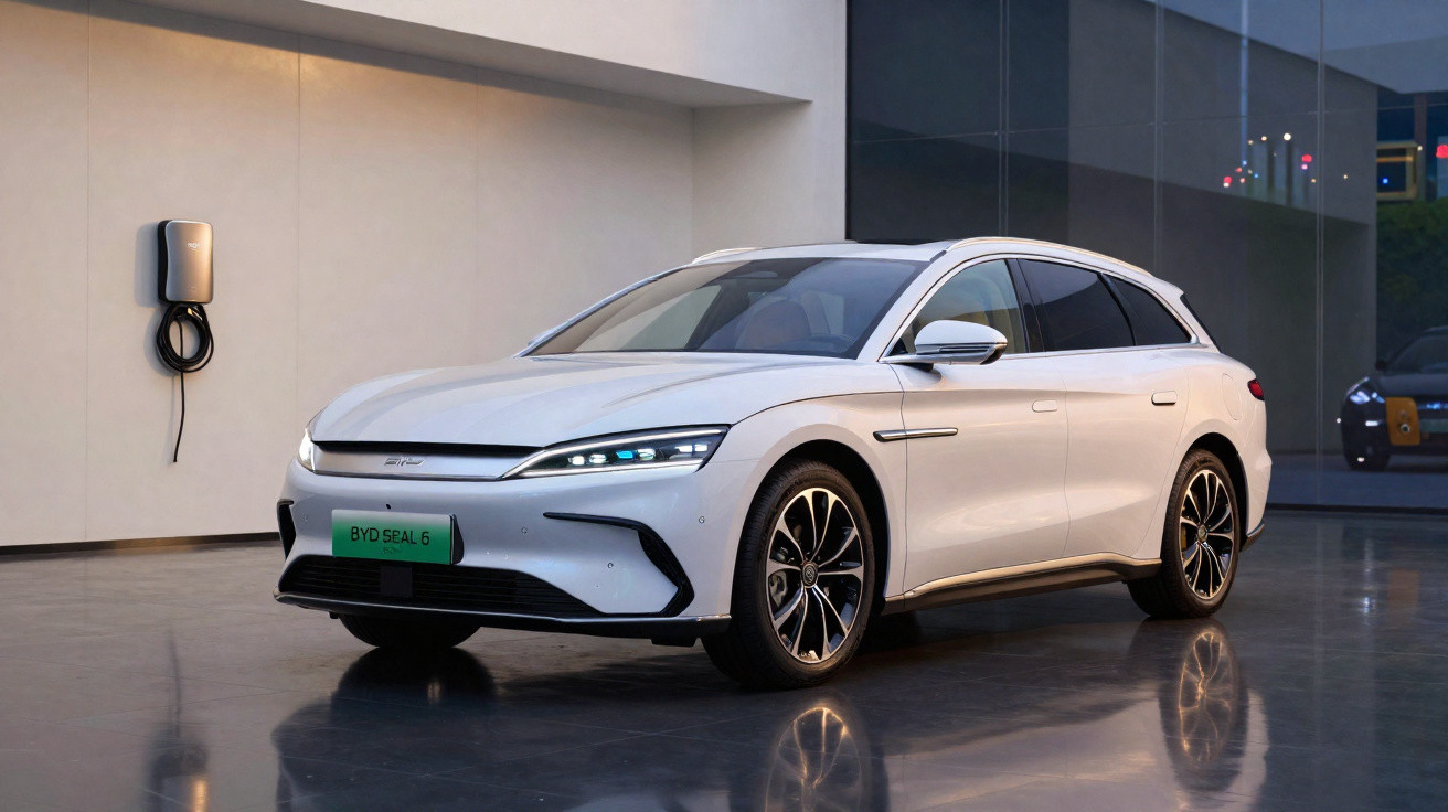 Carro elétrico branco estacionado em piso refletor junto a parede com carregador instalado.