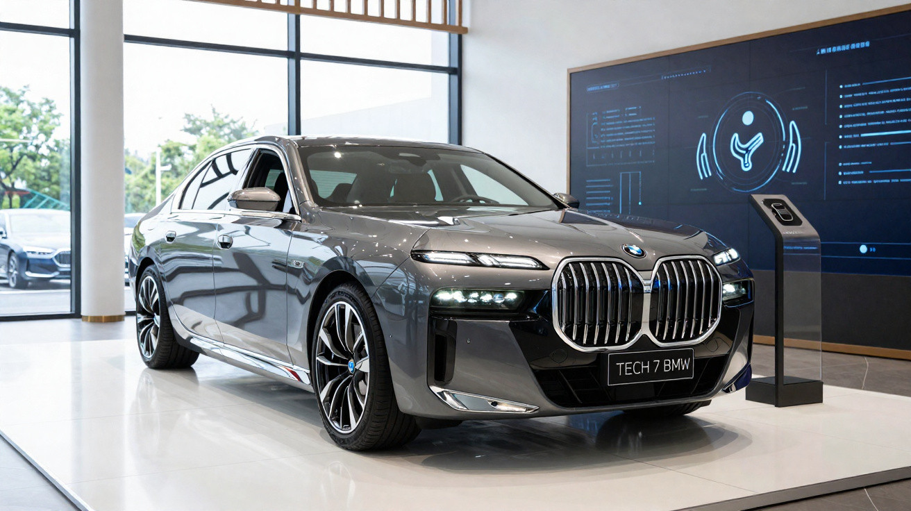 BMW Tech 7 cinzento exibido num showroom moderno com luz natural e ecrã digital ao fundo.