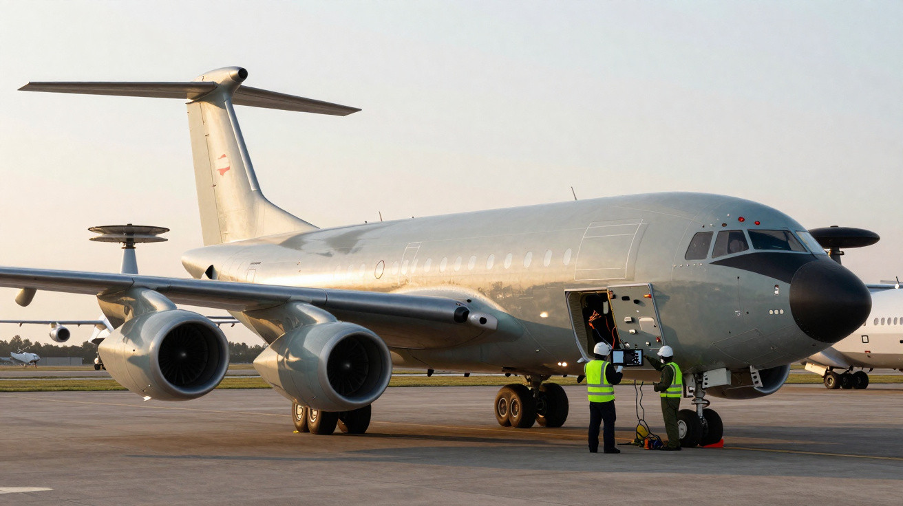 Avião militar estacionado em pista com dois técnicos em coletes refletivos a operar equipamento no solo.