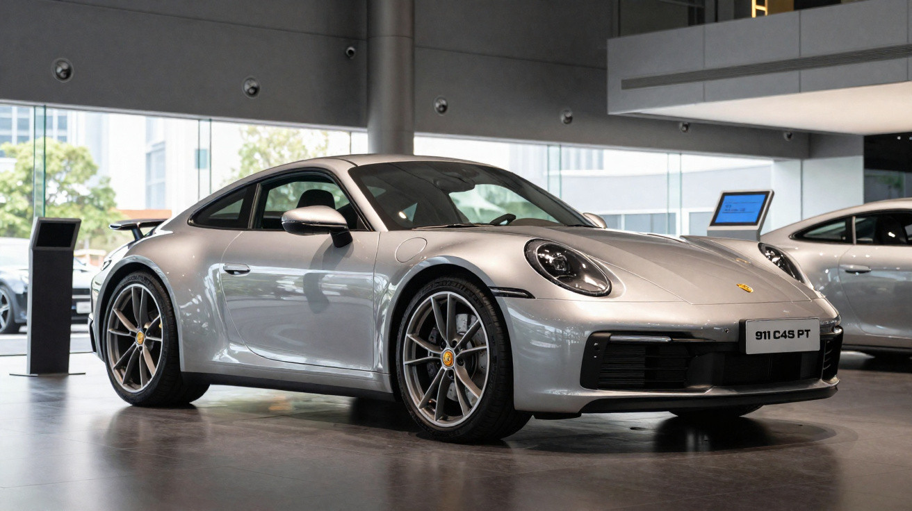 Carro desportivo Porsche 911 prateado em exposição num salão moderno e iluminado.