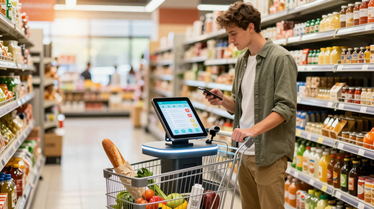 Jovem no supermercado a usar telemóvel e carrinho inteligente com alimentos variados.
