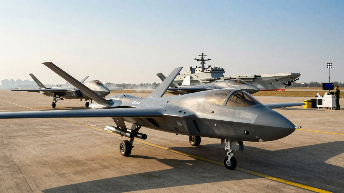 Dois drones militares cinzentos estacionados em pista de aeroporto com navio de guerra ao fundo.
