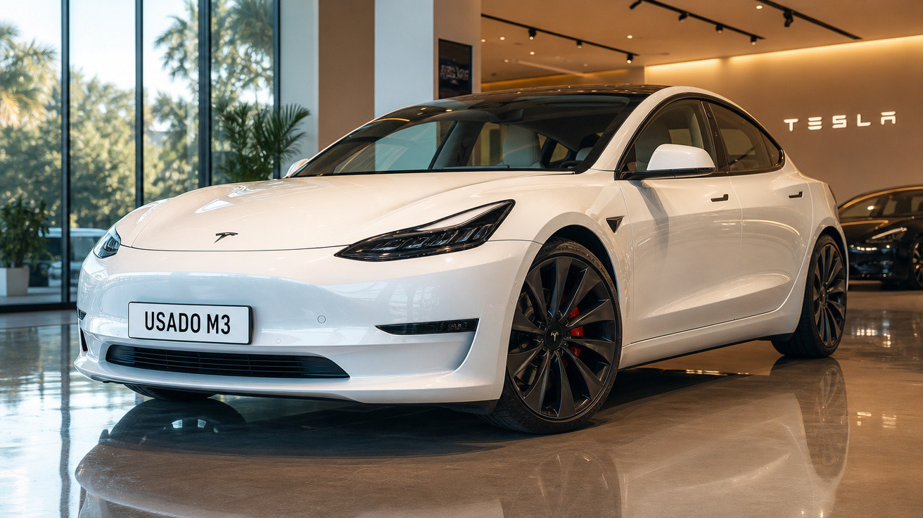Carro elétrico Tesla Model 3 branco apresentado numa concessionária moderna com iluminação interior.