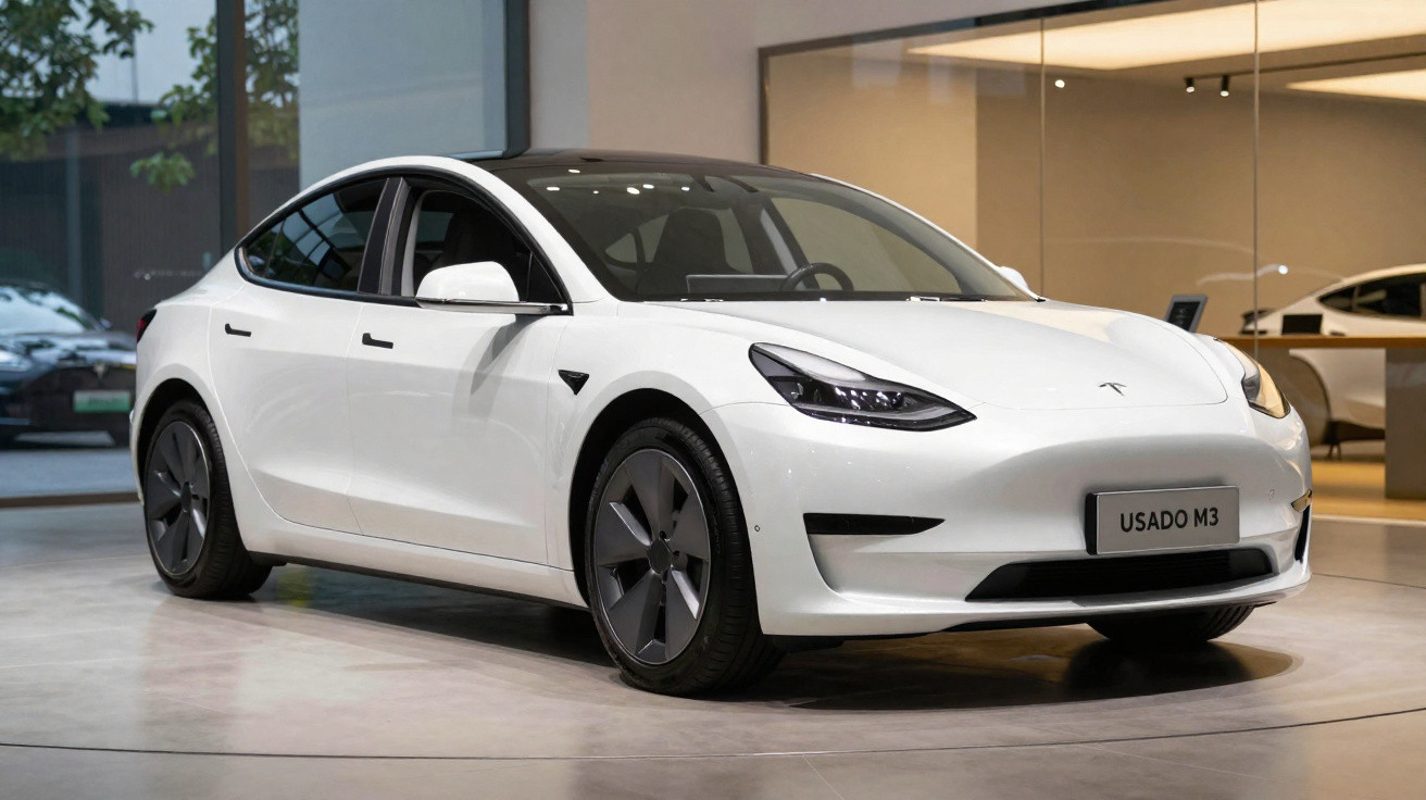 Carro elétrico branco Tesla Model 3 em exposição num showroom moderno.