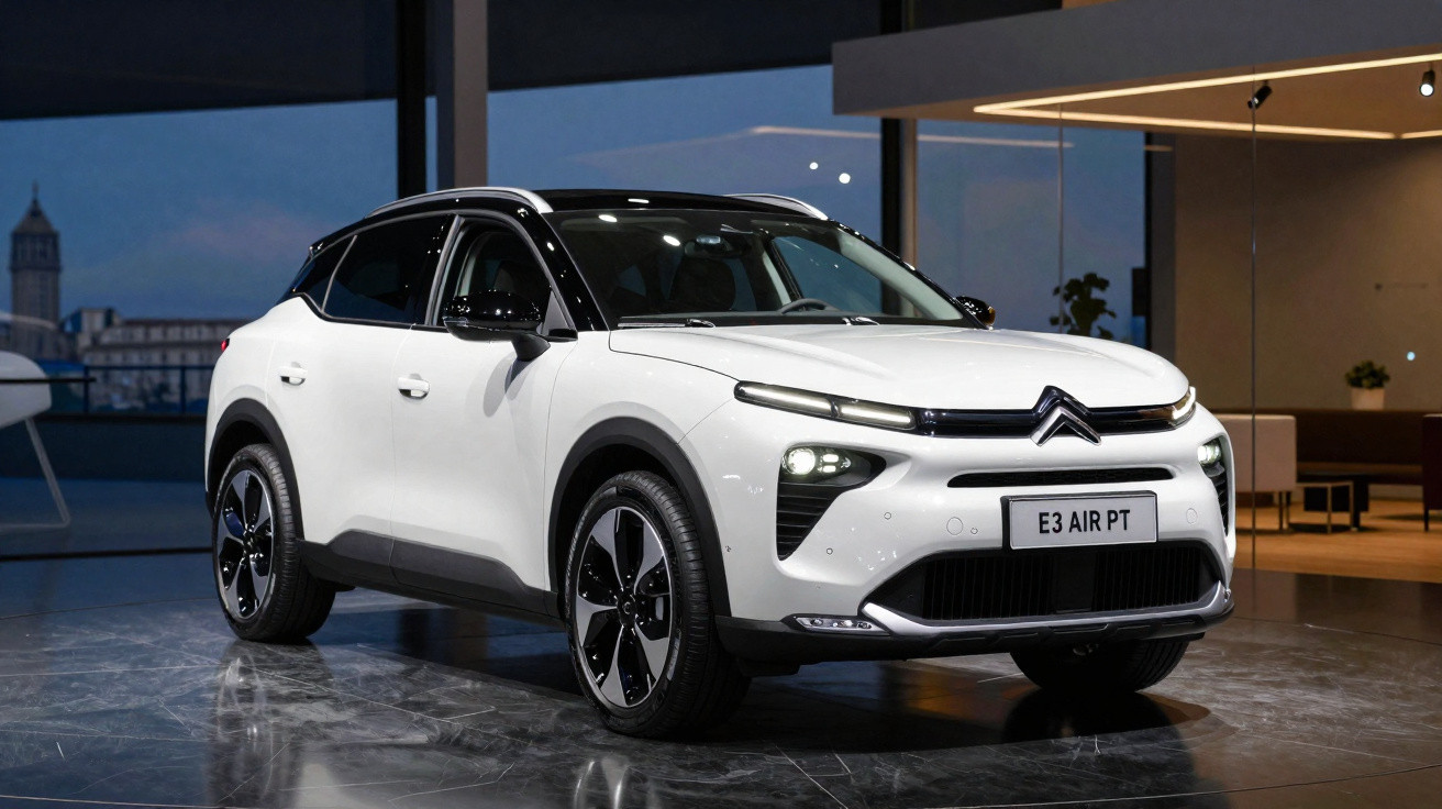 Automóvel Citroën E3 Air PT branco em exposição num salão moderno ao entardecer.
