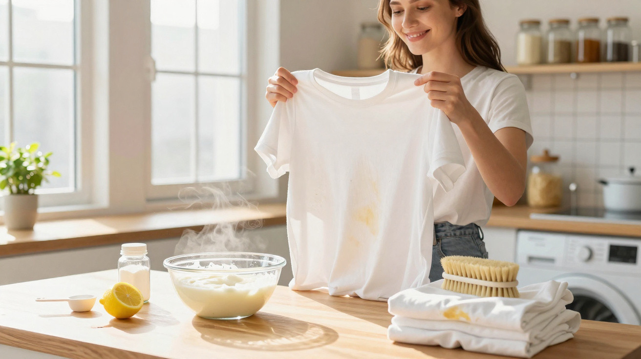 Mulher a segurar uma t-shirt branca com nódoa na cozinha, com ingredientes para limpeza e roupas lavadas na bancada.