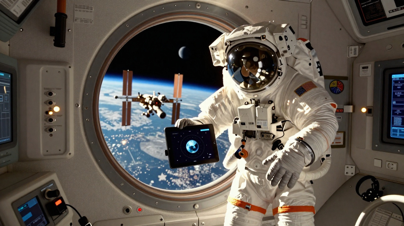 Astronauta dentro da estação espacial com vista para a Terra e a Estação Espacial Internacional pela janela circular.