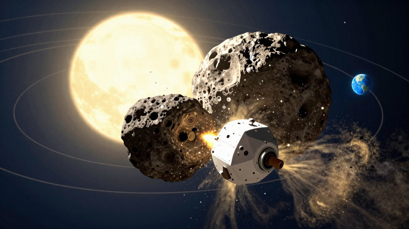 Nave espacial a examinar dois grandes asteroides perto do Sol, com a Terra visível ao fundo.