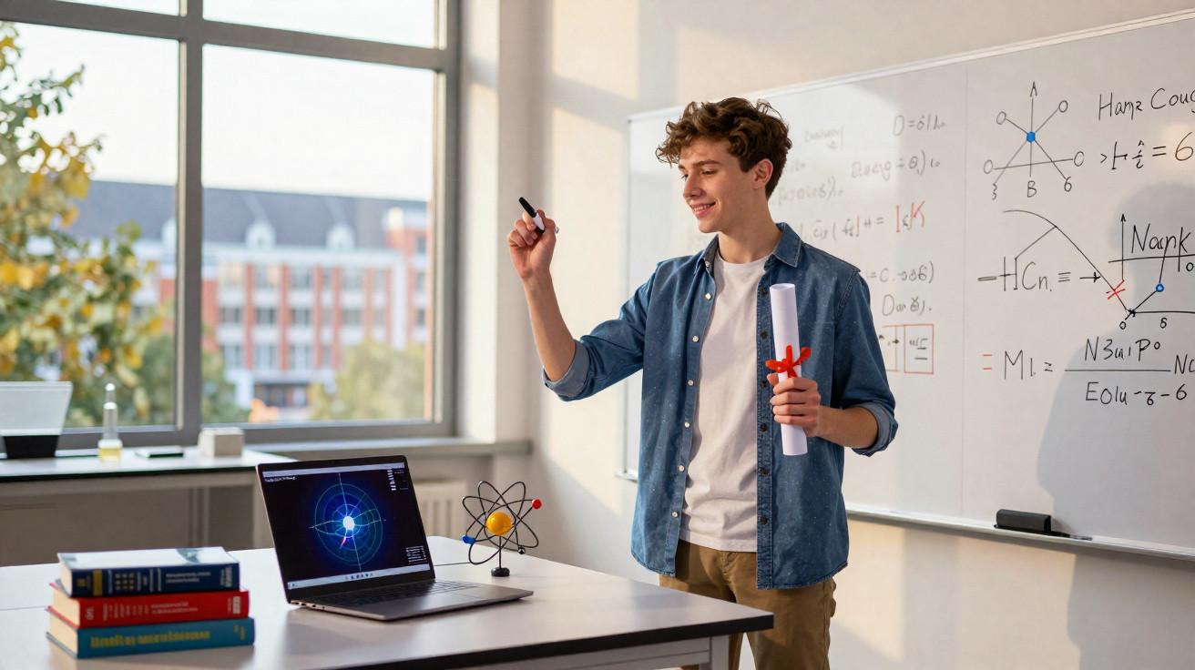 Jovem segurando diploma e marcador, explicando fórmulas científicas em sala com quadro branco e computador.