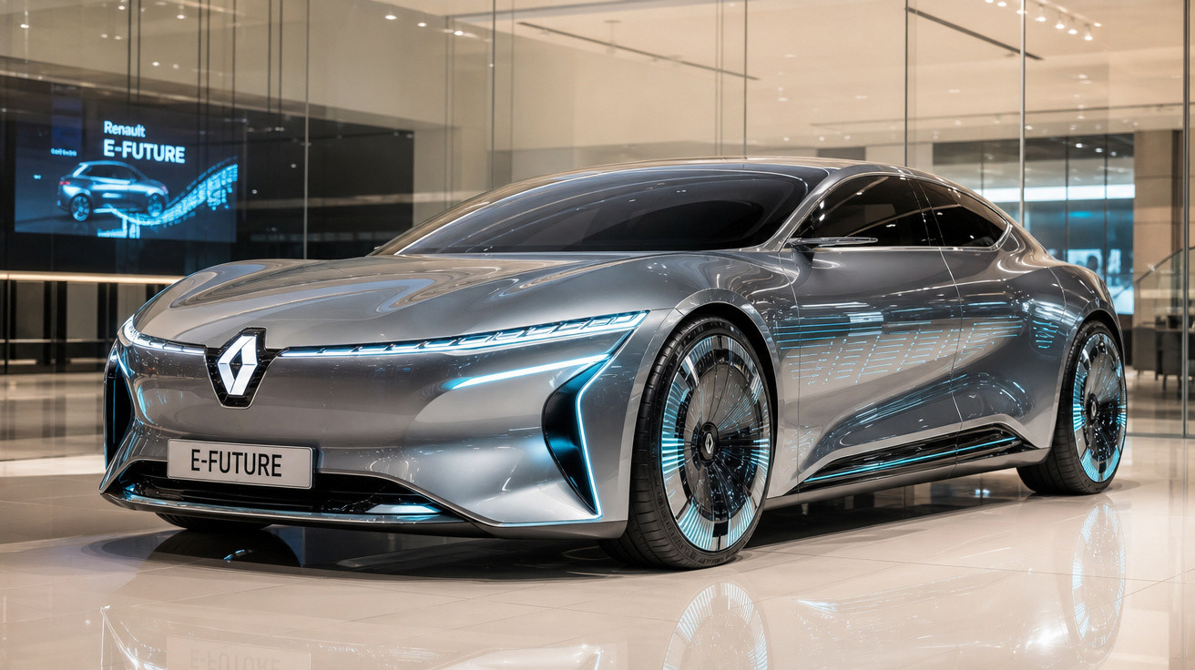 Carro elétrico conceito Renault E-Future prateado, futurista, em exposição numa sala moderna com vidro.