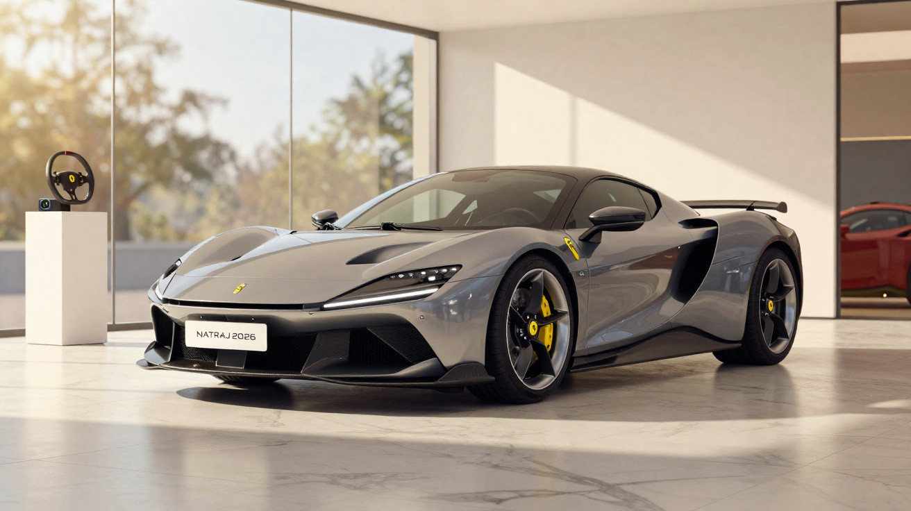 Carro desportivo cinzento Ferrari Natraj 2026 num espaço iluminado com chão de mármore.