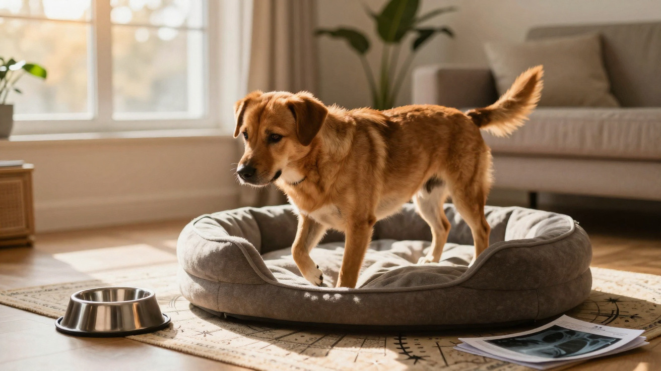 Cão castanho em cama cinzenta numa sala iluminada, com comedouro metálico metálico e revista no chão.