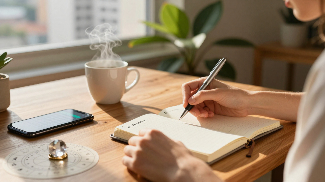 Pessoa a escrever numa agenda à mesa com chá quente, telemóvel e decoração minimalista.