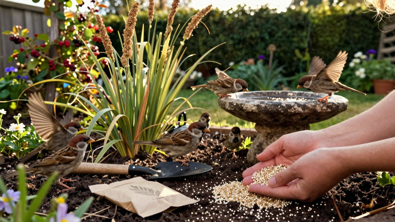 Mãos a alimentar pequenos pardais no jardim com sementes junto a um comedouro de pedra e plantas verdes.