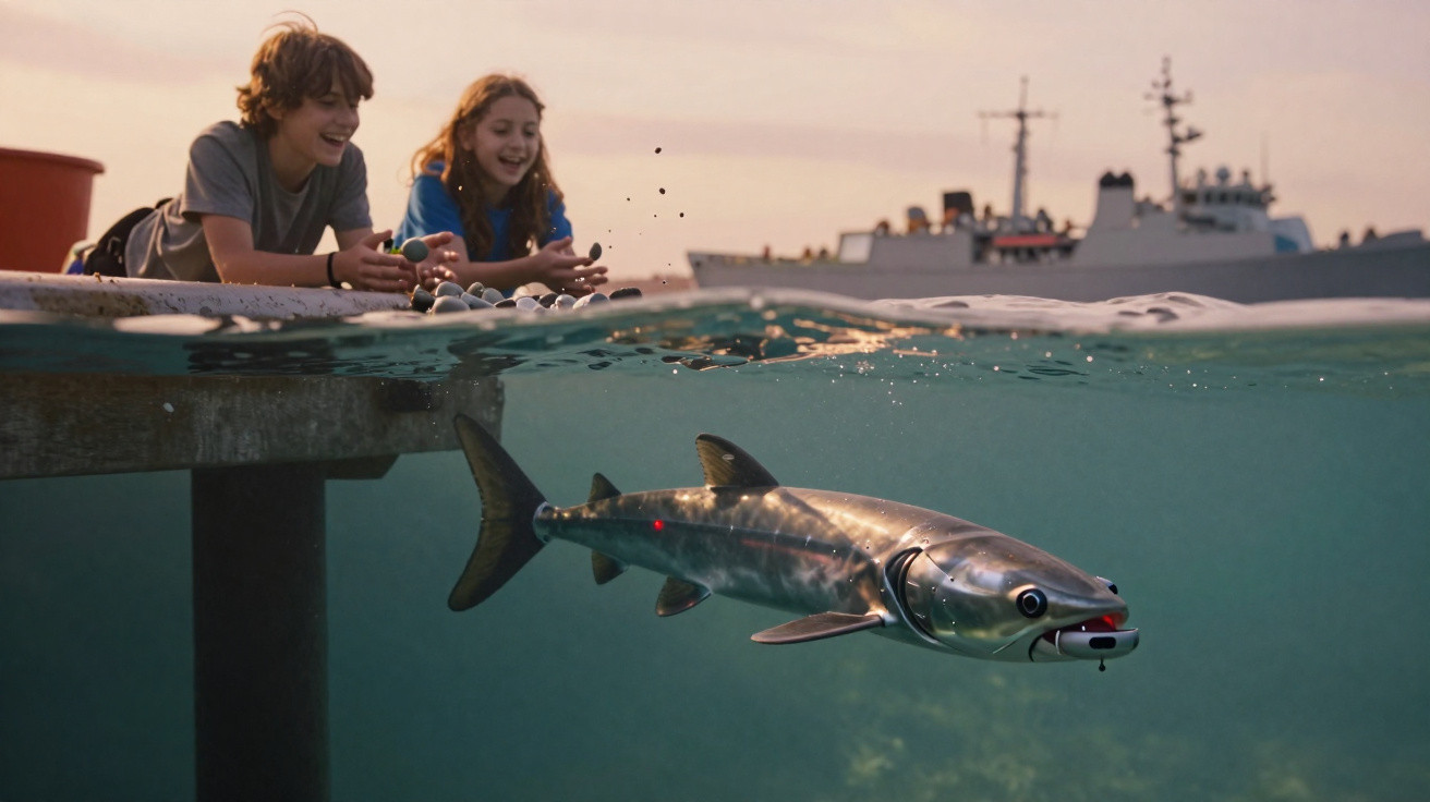 Crianças junto a um cais libertam ou observam um robô peixe na água com um navio ao fundo ao pôr do sol.