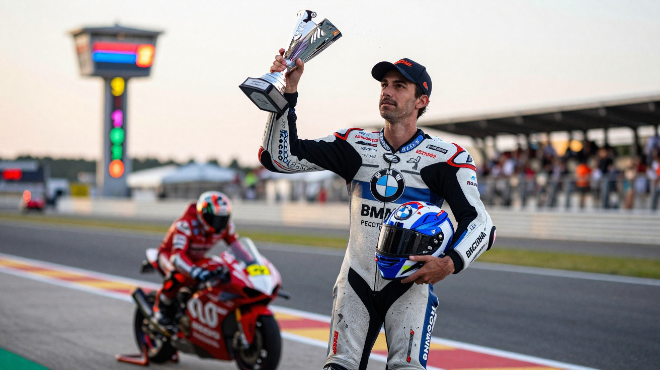 Piloto de moto celebra vitória com troféu na mão e capacete, com moto vermelha ao fundo na pista.