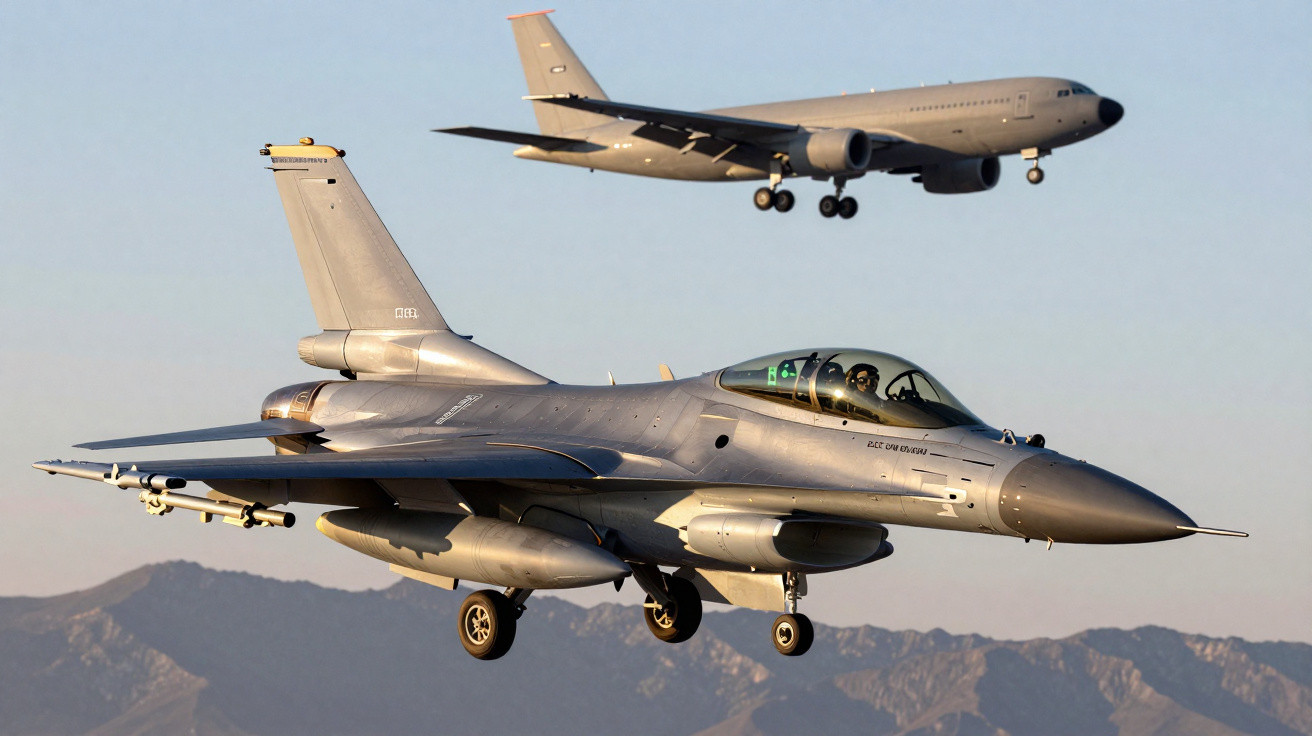 Dois aviões militares em voo com montanhas visíveis ao fundo em céu limpo.