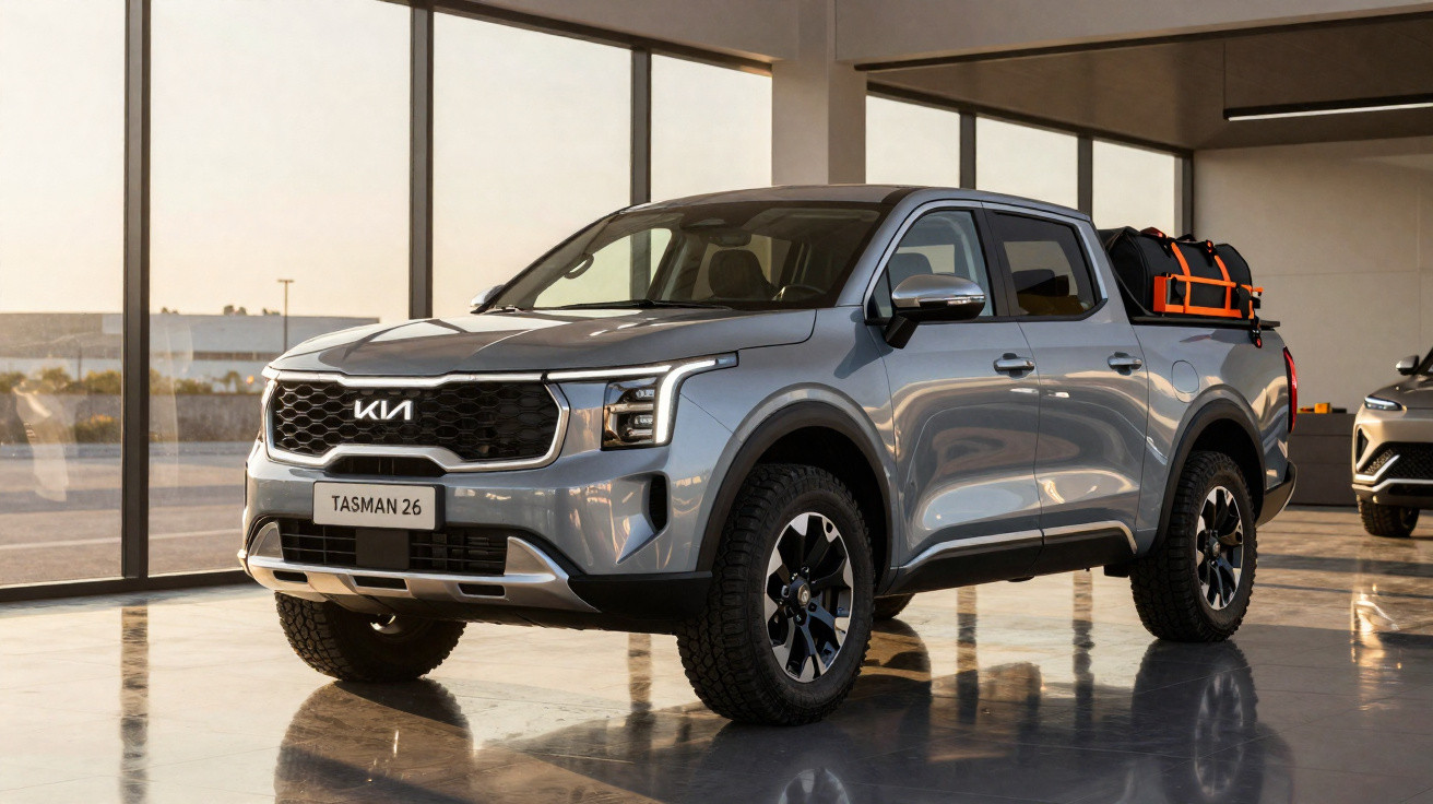 Picape elétrica Kia Tasman 26 prata exibida em showroom com bagagem na caçamba, rodeada por janelas grandes.