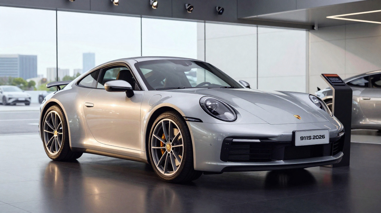 Carro desportivo Porsche 911 prata 2026 numa exposição moderna com vidros panorâmicos.