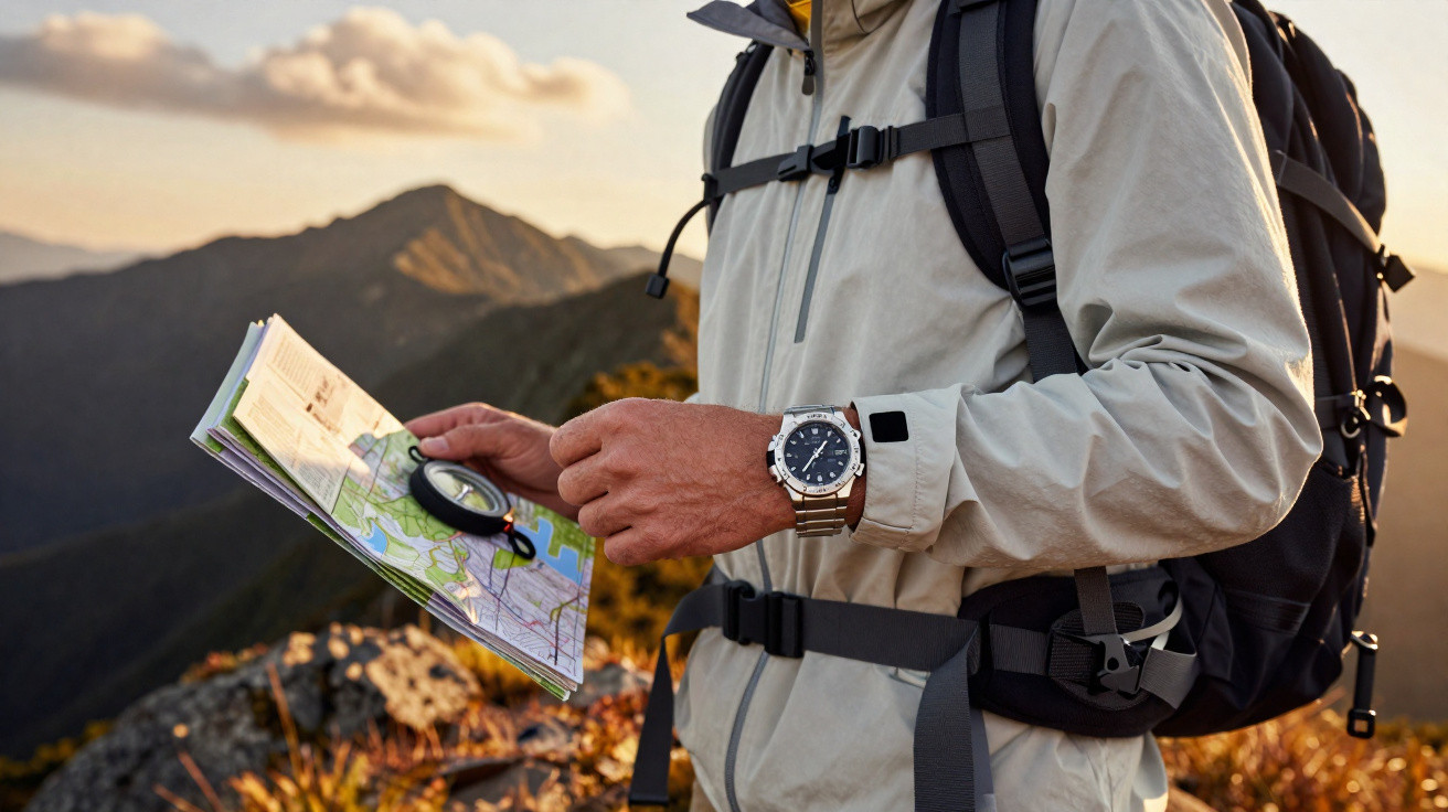 Pessoa com mochila e casaco a consultar mapa e bússola em montanha ao pôr do sol.