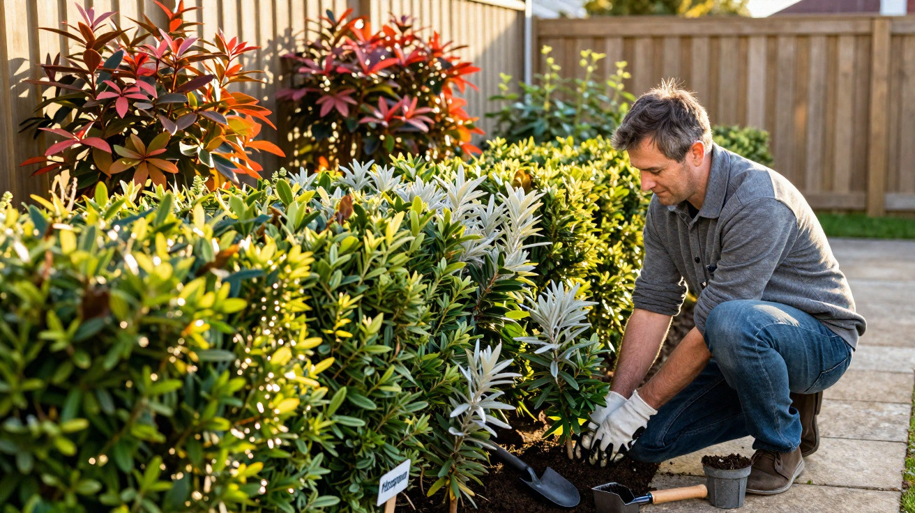 Homem a cuidar de plantas num jardim ensolarado com luvas e ferramentas de jardinagem.