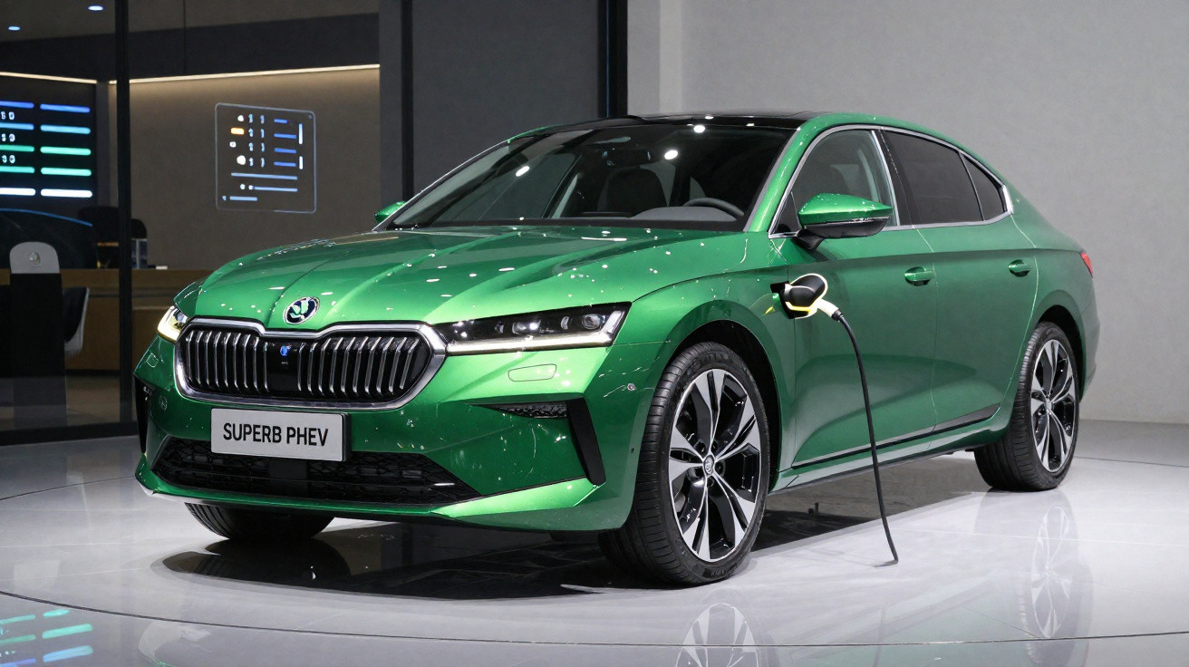 Automóvel verde Škoda Superb PHEV a ser carregado numa exposição moderna.