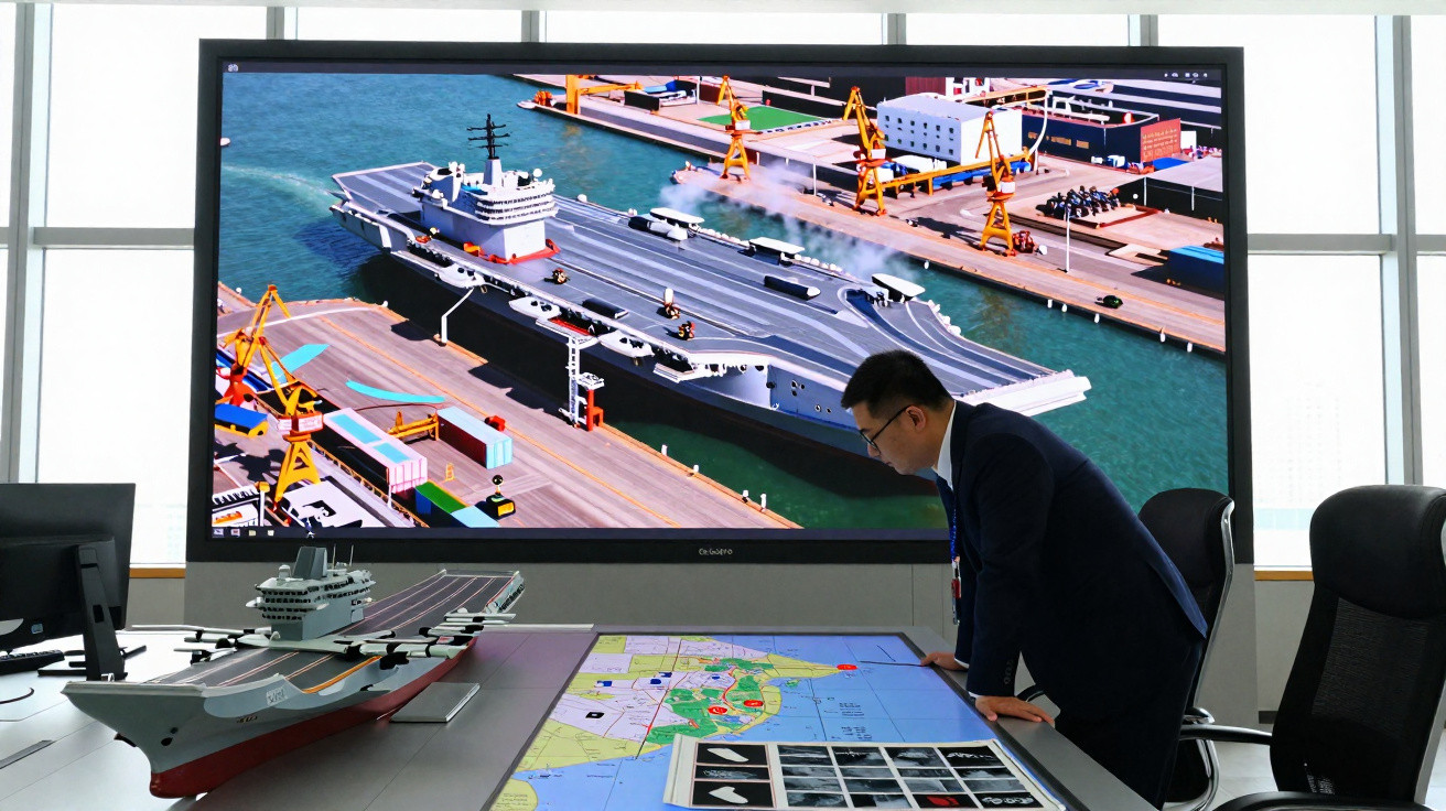 Homem examina mapa interactivo em sala com modelo e ecrã grande de porta-aviões naval numa doca.