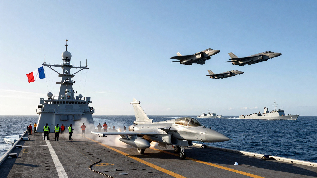 Caça descola de porta-aviões francês com três aviões em voo e outros navios militares ao fundo no mar.