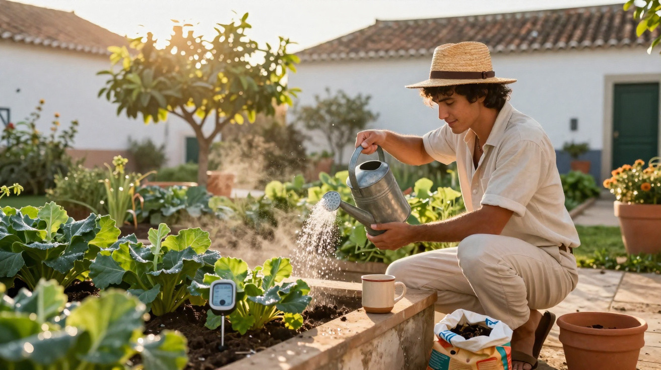 Jovem a regar plantas num jardim com regador metálico, usando chapéu de palha ao pôr do sol.