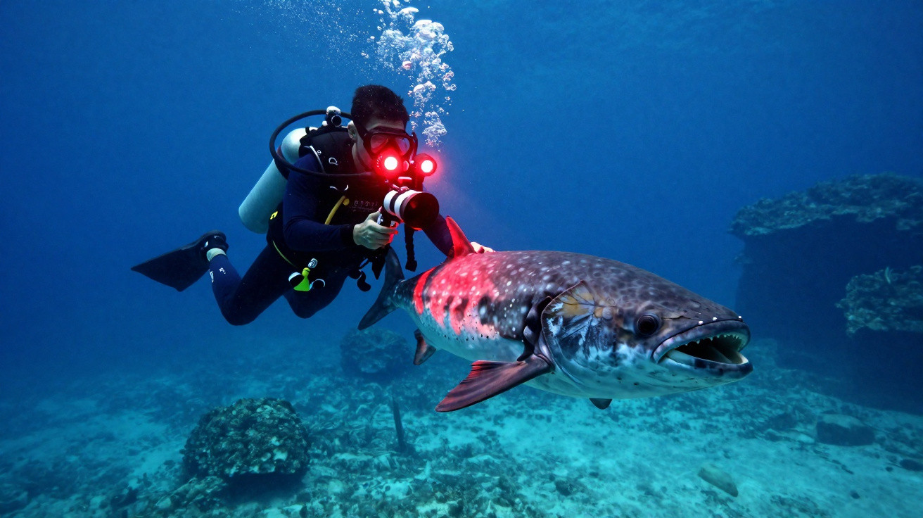 Mergulhador com câmara subaquática a fotografar um grande peixe perto do fundo do mar com recifes.