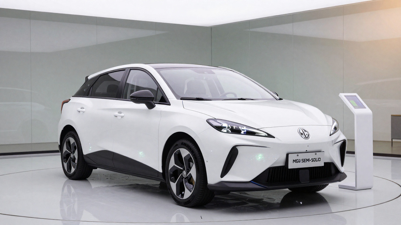 Carro elétrico branco MG5 em exposição numa sala branca moderna com tela interativa ao lado.