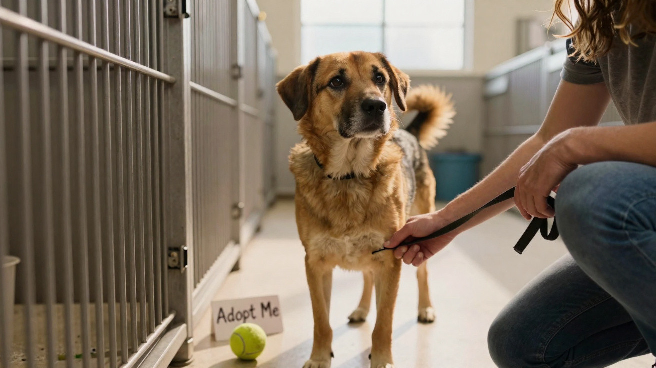 Cão com trela em abrigo, pessoa ajoelhada ao lado e placa “Adopt Me” com bola de ténis no chão.