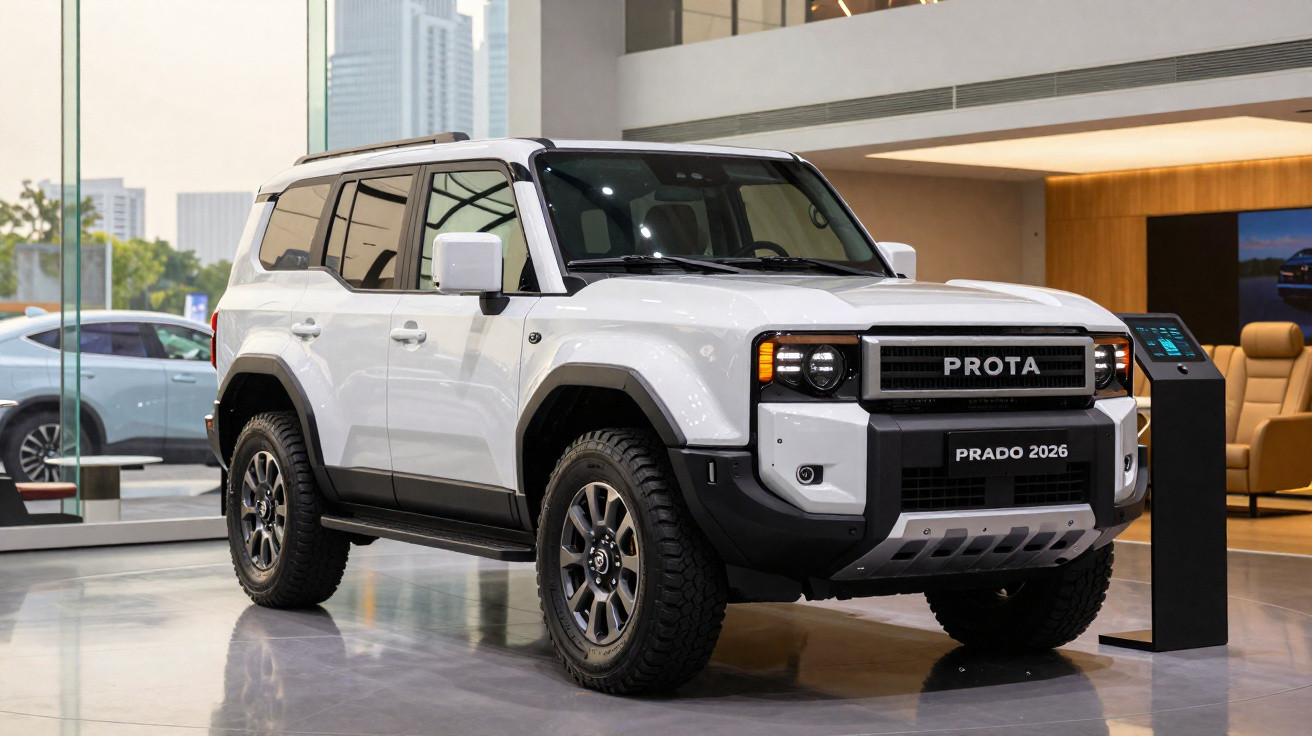 Carro SUV branco Prota Prado 2026 em exposição numa sala moderna com vidro e poltronas.