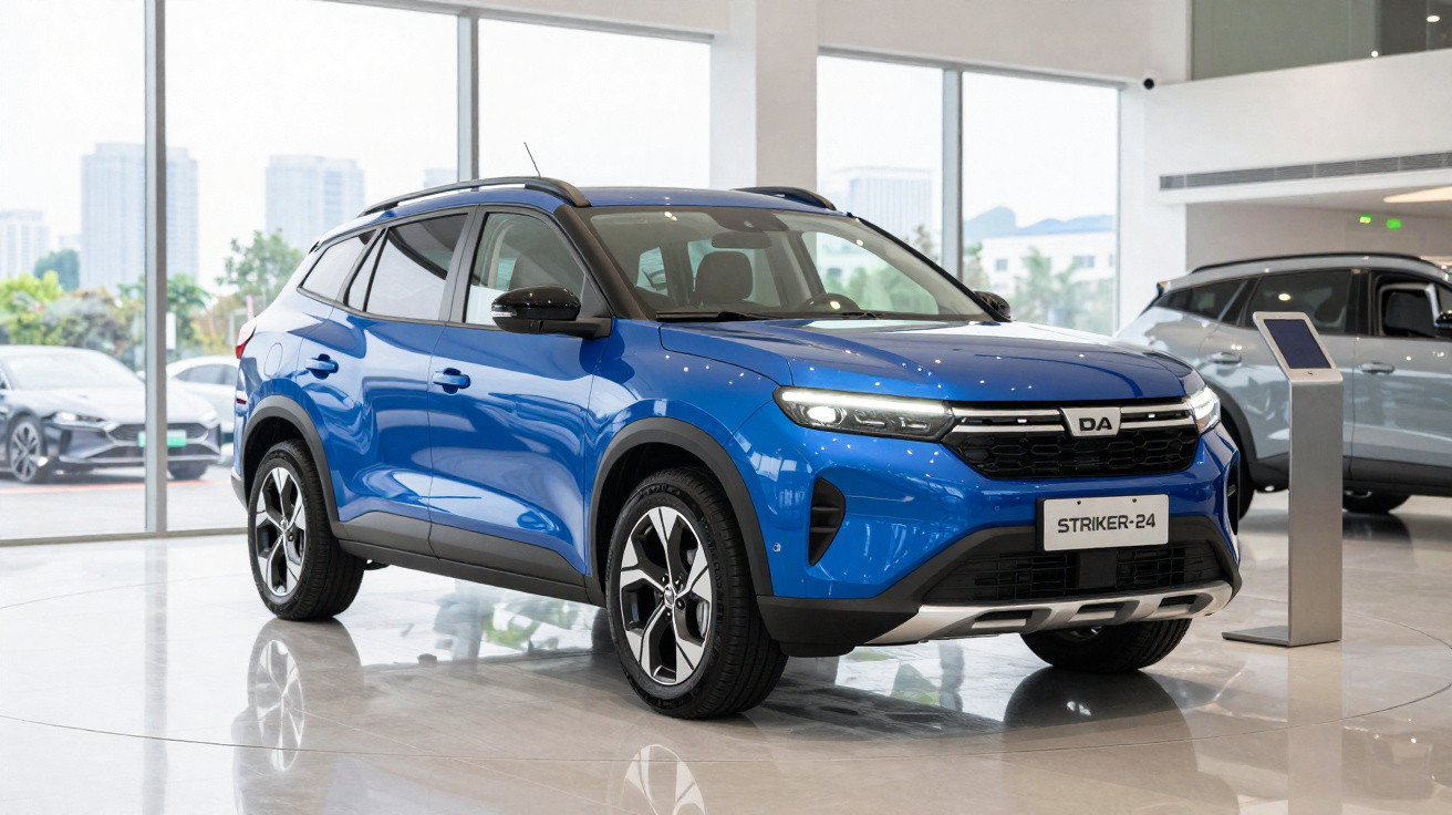 SUV azul DA Striker-24 estacionado num showroom moderno com janelas amplas e outro carro ao fundo.