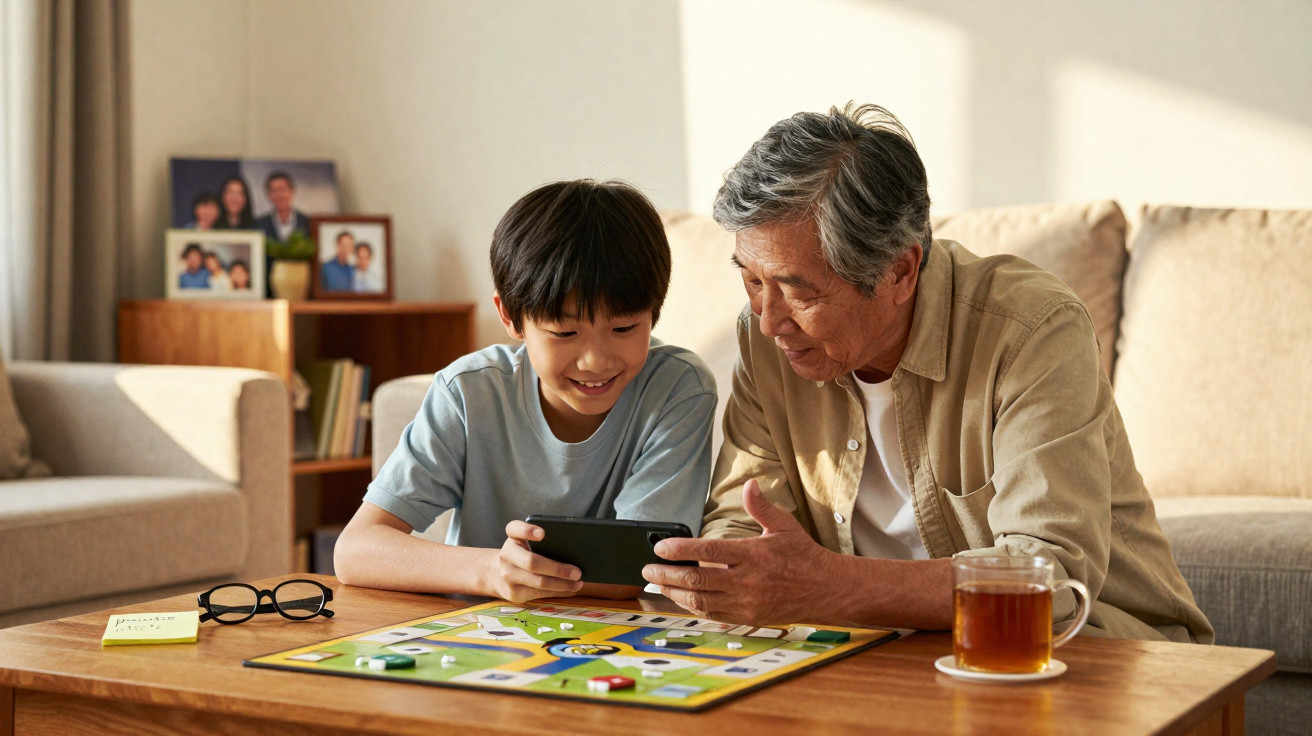 Avô e neto sentados à mesa a jogar videojogos com um tabuleiro de jogo e chá na mesa.