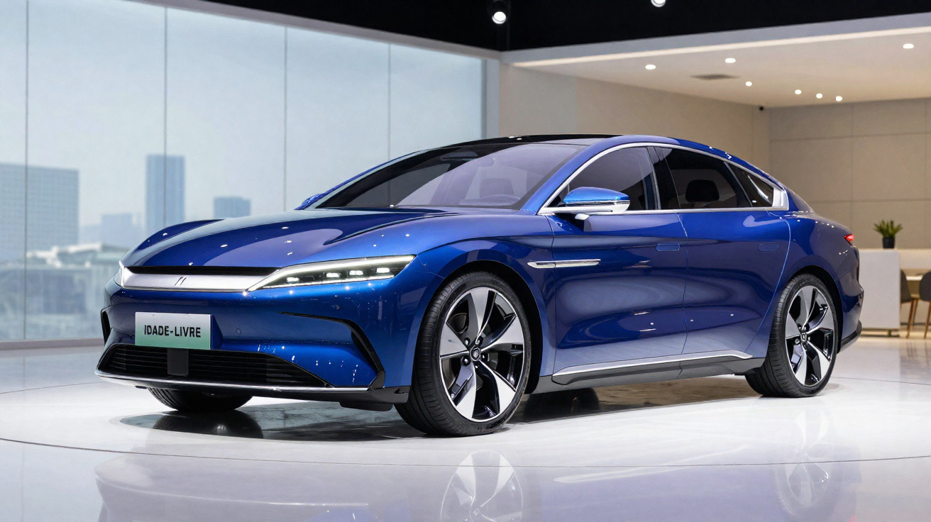Carro elétrico moderno azul exibido em exposição com design aerodinâmico e faróis LED finos.