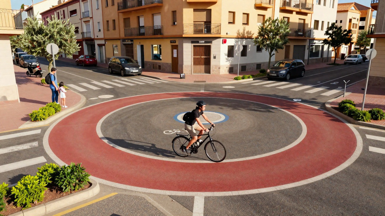 Pessoa de capacete a andar de bicicleta numa rotunda com marcações vermelhas e ciclistas, em zona urbana.