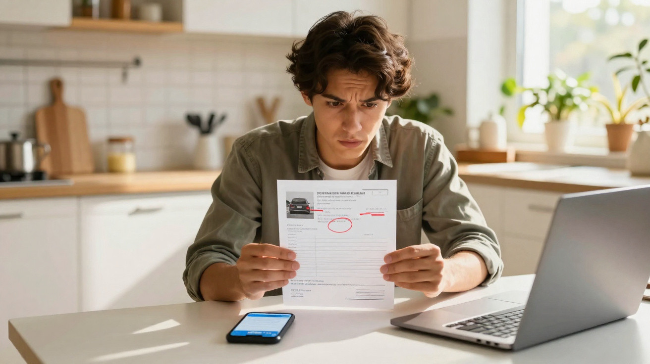 Jovem preocupado a analisar uma carta com marcações vermelhas sentado numa cozinha com portátil e telemóvel.