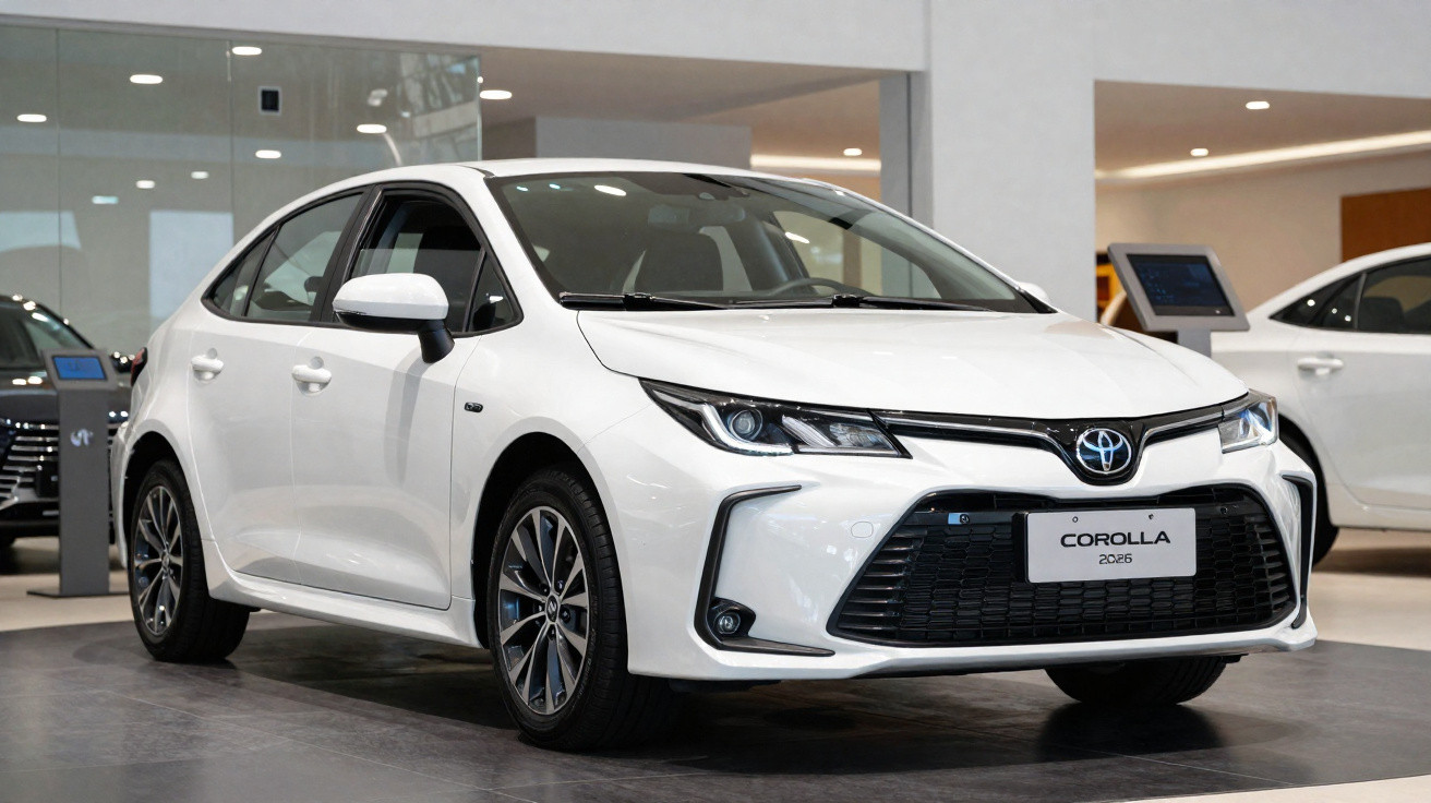 Carro novo branco Toyota Corolla 2023 em exposição numa sala de showroom moderna.