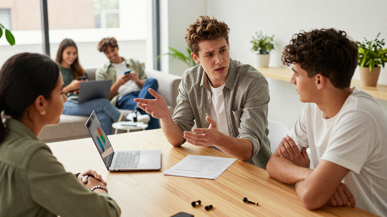 Grupo de jovens em reunião informal com computador portátil e documentos numa mesa interior.