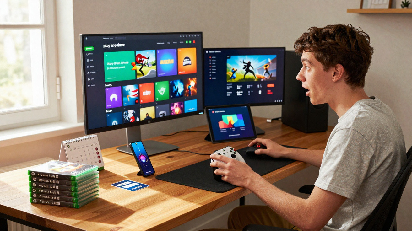 Jovem a jogar videojogos no computador com dois ecrãs, comando e jogos empilhados na secretária.