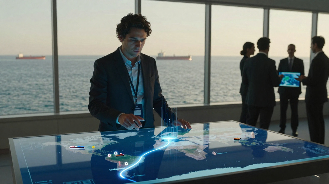 Homem de negócios interage com ecrã tátil digital que mostra mapa mundial numa sala com vista para o mar.
