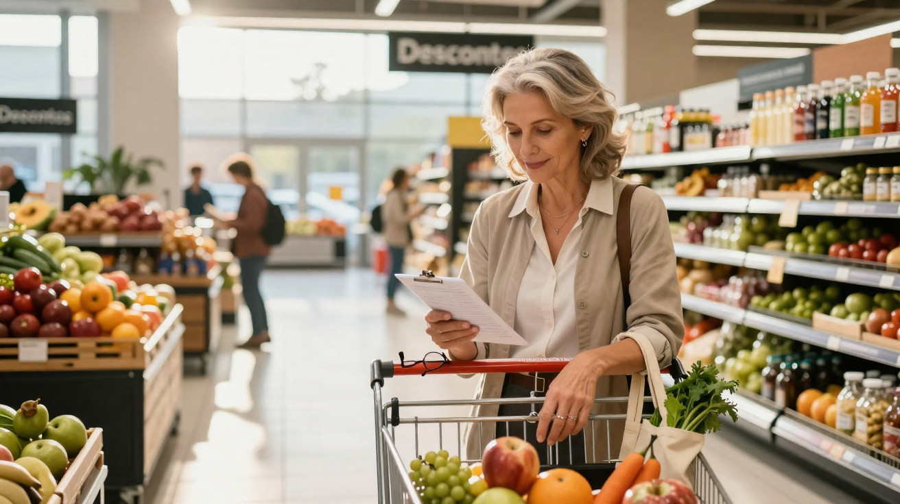 Mulher de idade média a fazer compras no supermercado com carrinho cheio de frutas e legumes.