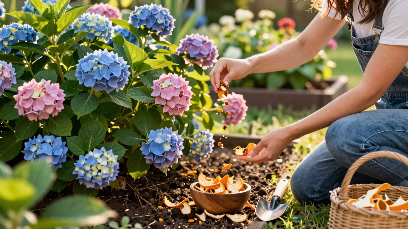 Pessoa a distribuir cascas de laranja em plantações de hortênsias rosa e azul num jardim ensolarado.