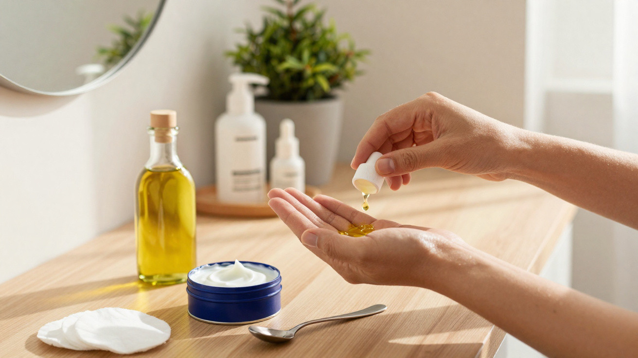 Pessoa a aplicar óleo facial nas mãos numa bancada com produtos de cuidados da pele.