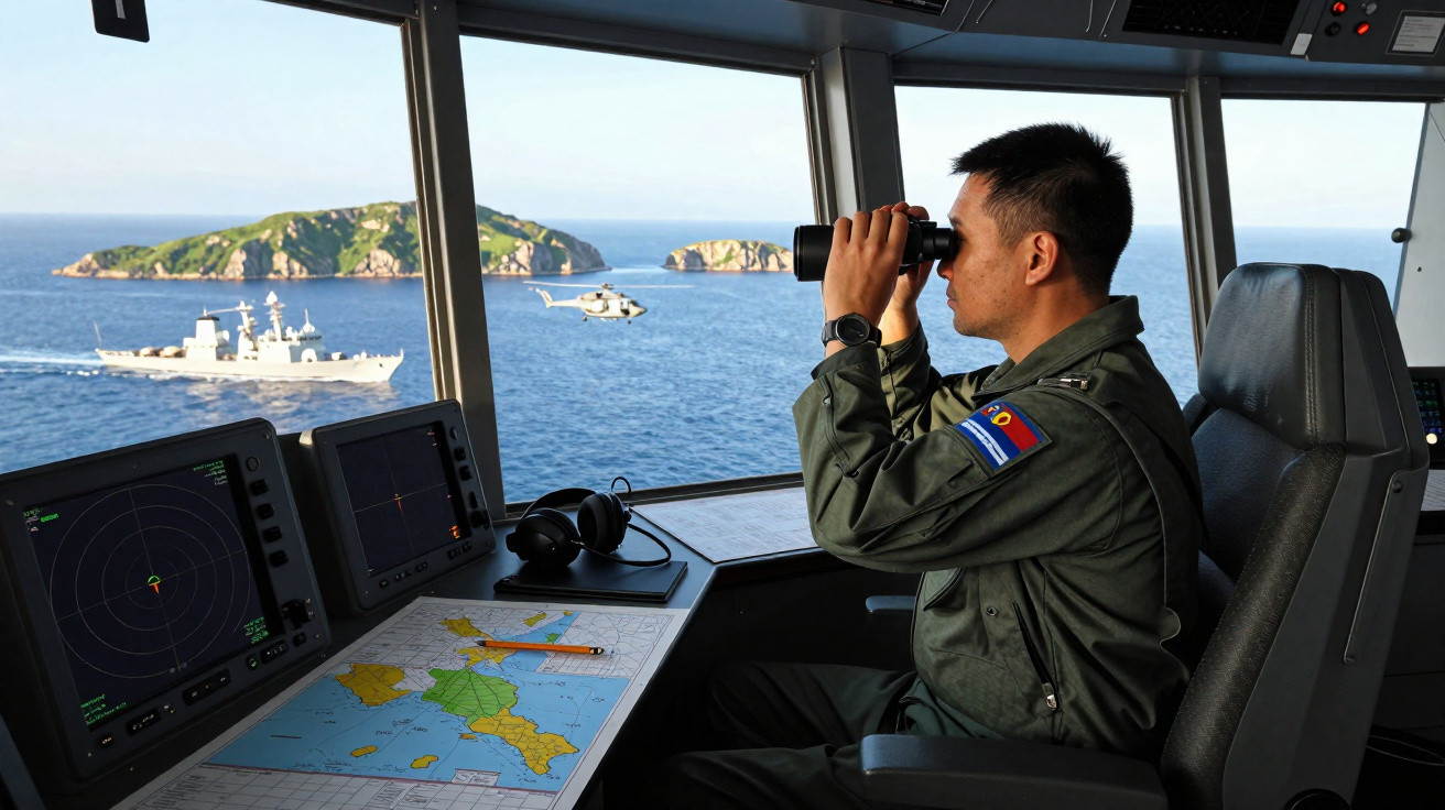 Homem em farda observa com binóculos o mar, enquanto navio e helicóptero estão ao largo de uma ilha.