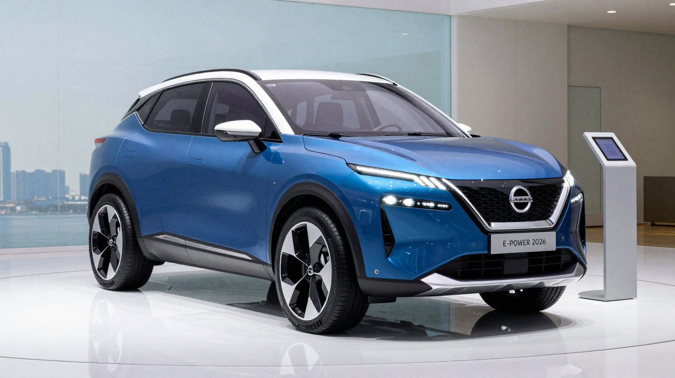 Carro elétrico SUV azul Nissan E-Power 2026 num showroom moderno com montra de vidro.